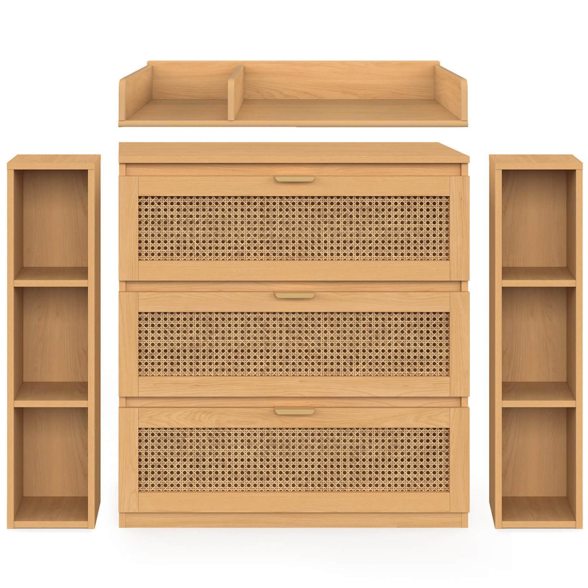 Voir la diapositive 6 : ID MARKET Commode à langer évolutive edhen bois et cannage 3 tiroirs, table à langer et 2 étagères amovibles