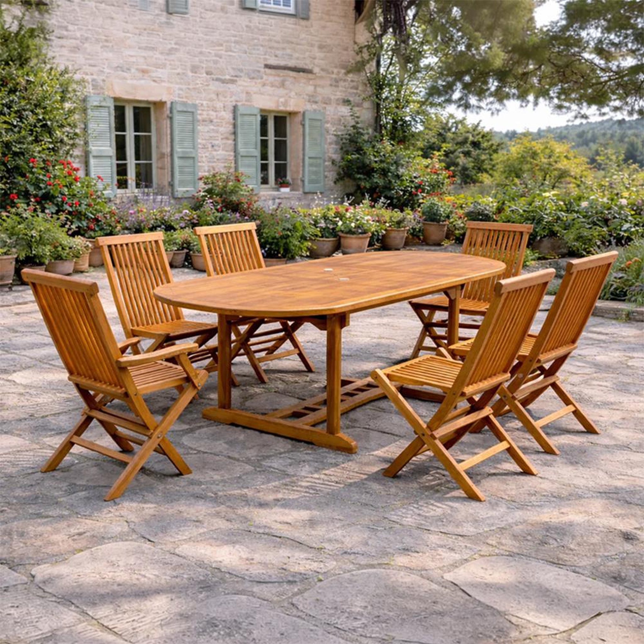 Voir la diapositive 2 : CONCEPT USINE Salon de jardin teck huilé 6 pers - table ovale 4 chaises 2 fauteuils lubok