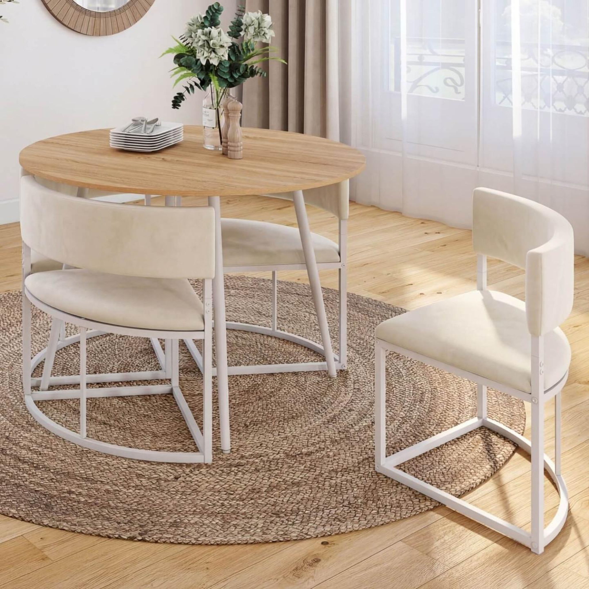 Voir la diapositive 2 : ID MARKET Ensemble table + 4 chaises encastrables milene métal blanc plateau façon hêtre et tissu velours beige