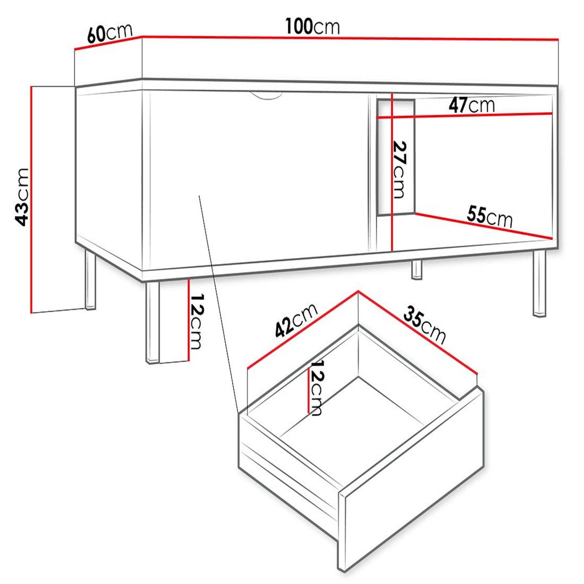 BEST MOBILIER Hope - table basse 100 cm - 1 tiroir et 1 niche