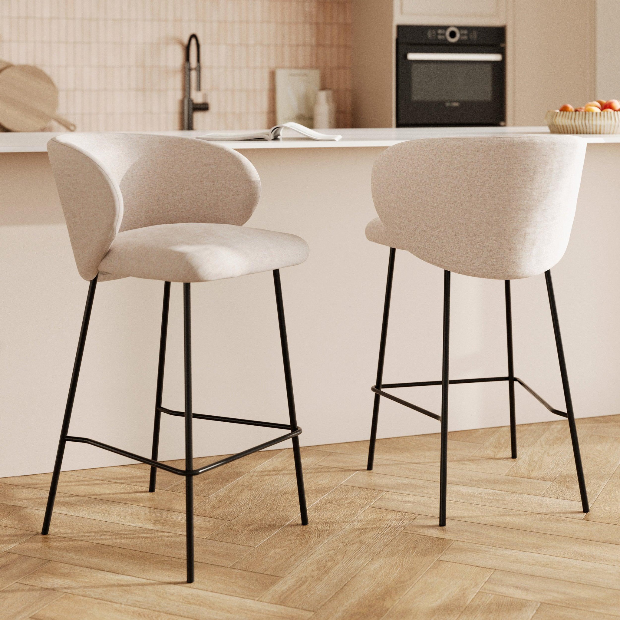 Voir la diapositive 2 : MAISON PAVANE Lot de 2 chaises pour îlot central en tissu beige 68 cm-victoria