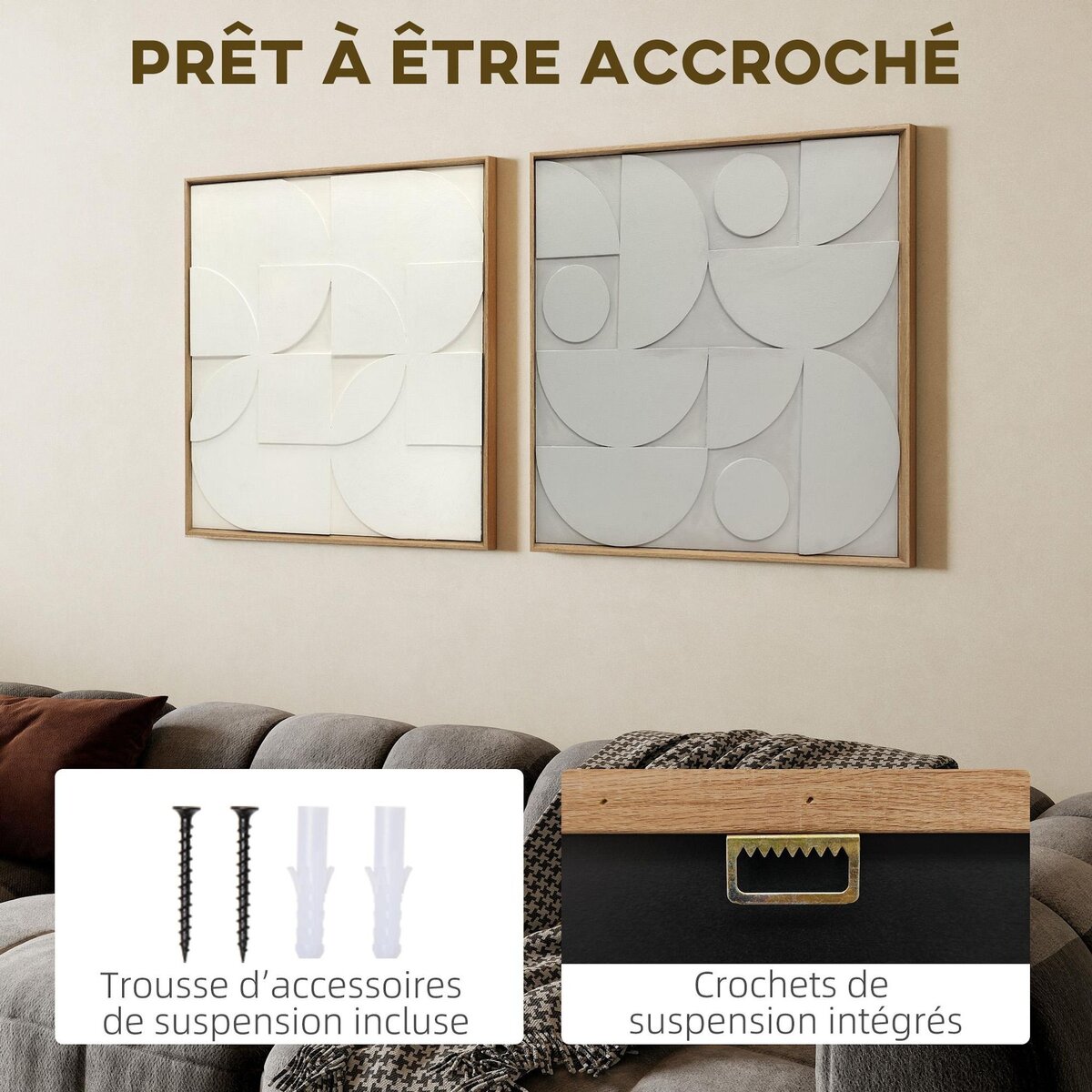 HOMCOM Lot de 2 tableaux murales 3D texturés gris blanc - tableaux décoratifs en relief 80 x 80 cm - cadre effet bois