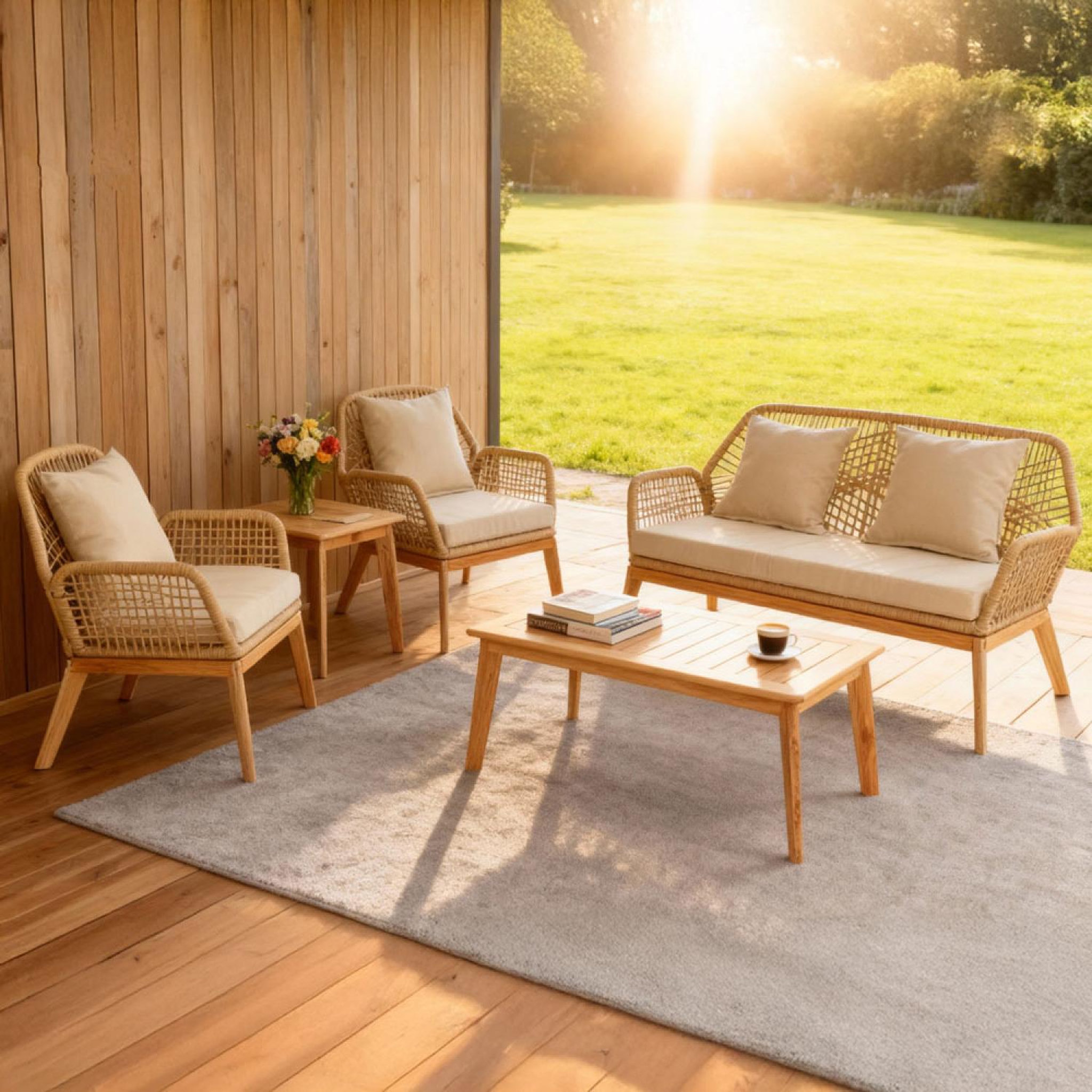 Voir la diapositive 3 : CONCEPT USINE Salon de jardin 4 places en bois avec 2 tables beige et bois rosario