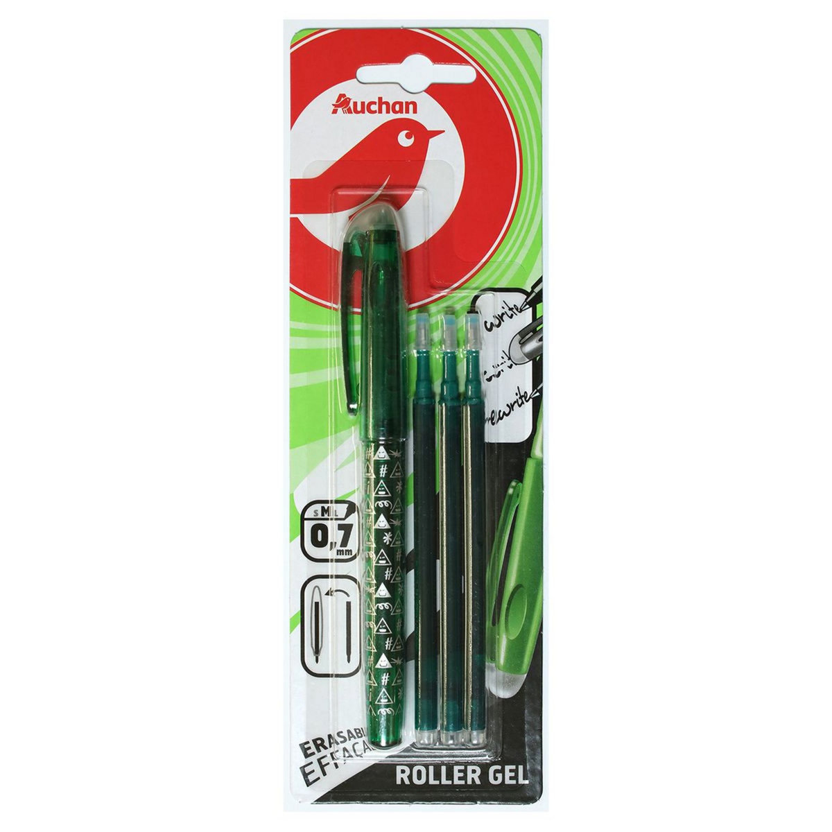 AUCHAN  Stylo roller gel effaçable vert + 3 recharges