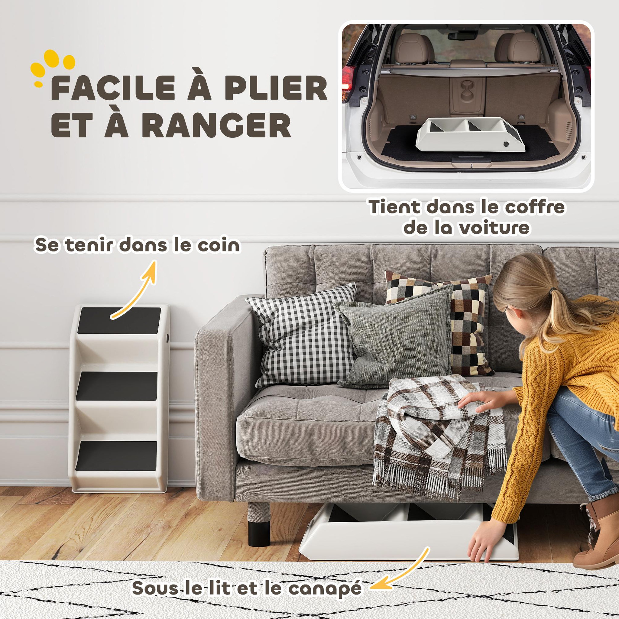 Voir la diapositive 5 : PAWHUT Escalier pour chien pliable - 3 marches antidérapantes - max. 10kg - pp noir blanc cassé