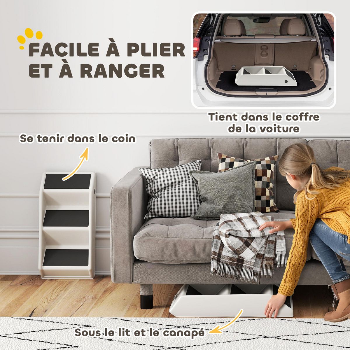 PAWHUT Escalier pour chien pliable - 3 marches antidérapantes - max. 10Kg - PP noir blanc cassé