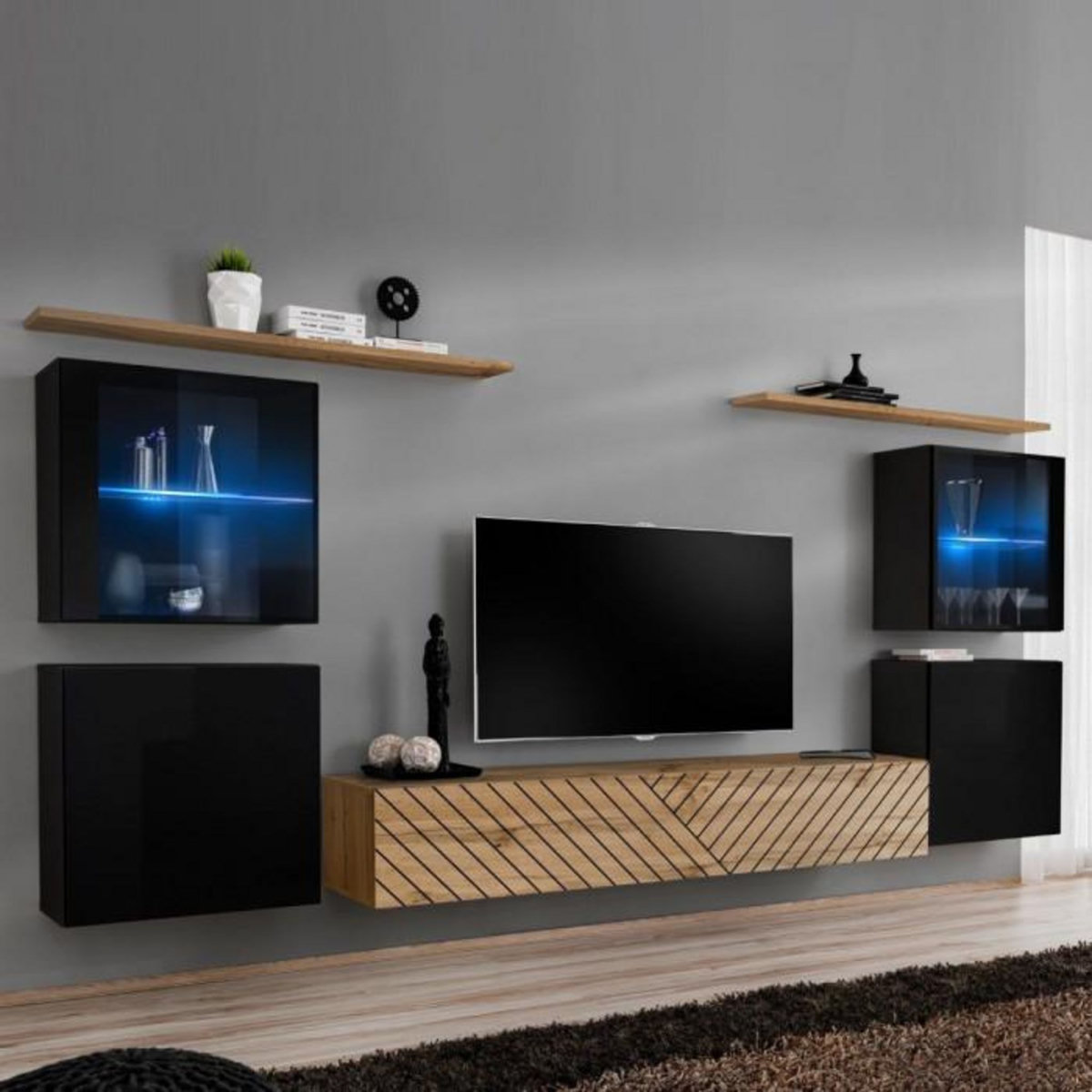 Paris Prix Ensemble Meuble TV  Switch Lamel XIV  320cm Naturel & Noir