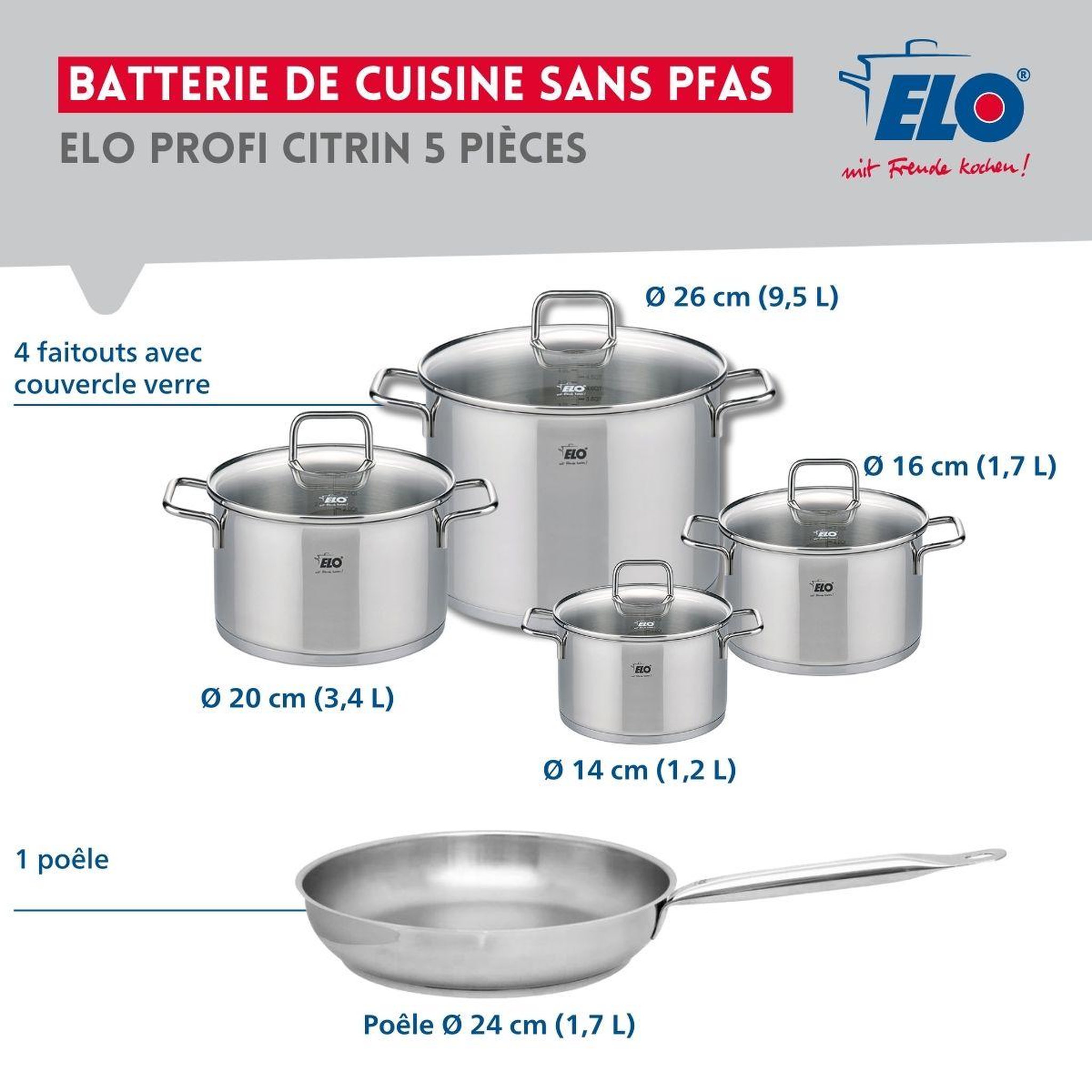 Voir la diapositive 2 : ELO Ensemble de 1 poêle de cuisson 24 cm et 4 faitouts 14, 16, 20 et 26 cm elo profi citrin