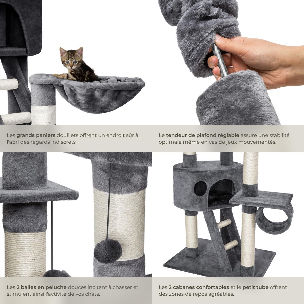 tectake Arbre à chat 243 à 260 cm avec griffoir et plateforme d'escalade gris