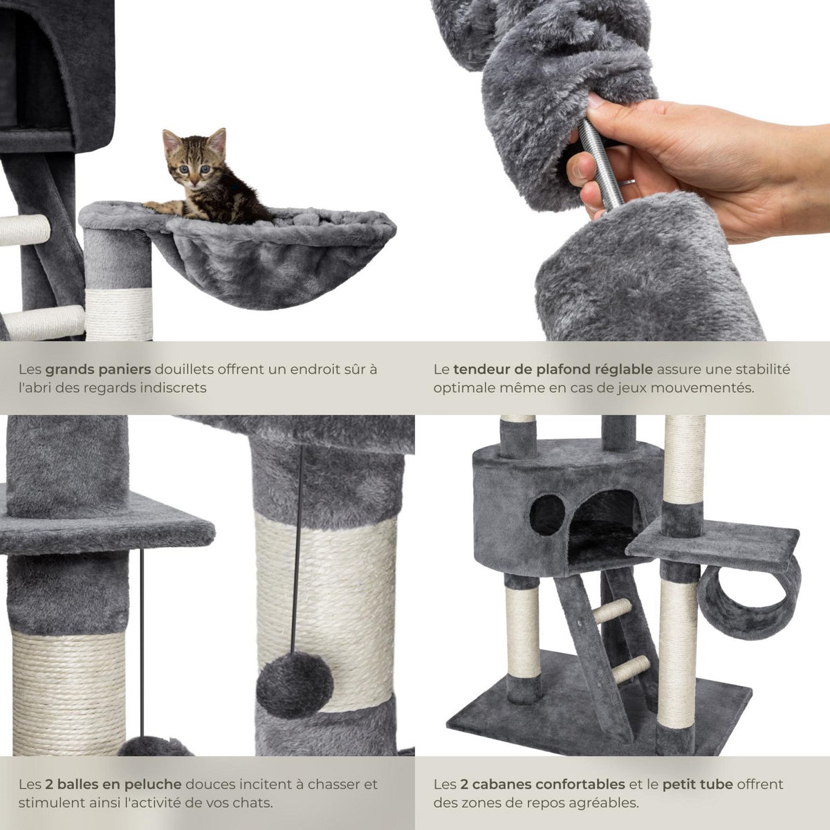 tectake Arbre à chat 243 à 260 cm avec griffoir et plateforme d'escalade gris