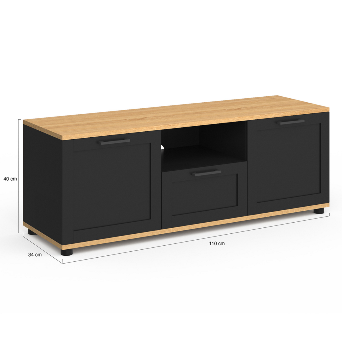 ID MARKET Meuble TV 110 cm VITO avec tiroir et niche noir et bois