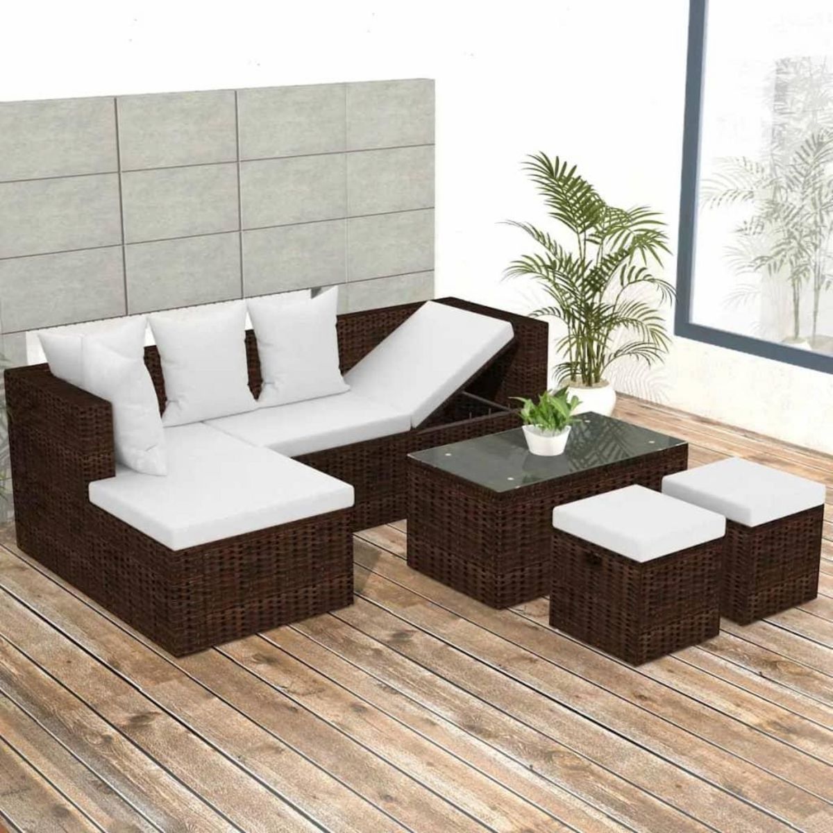 VIDAXL Salon de jardin 4 pcs avec coussins Resine tressee Marron