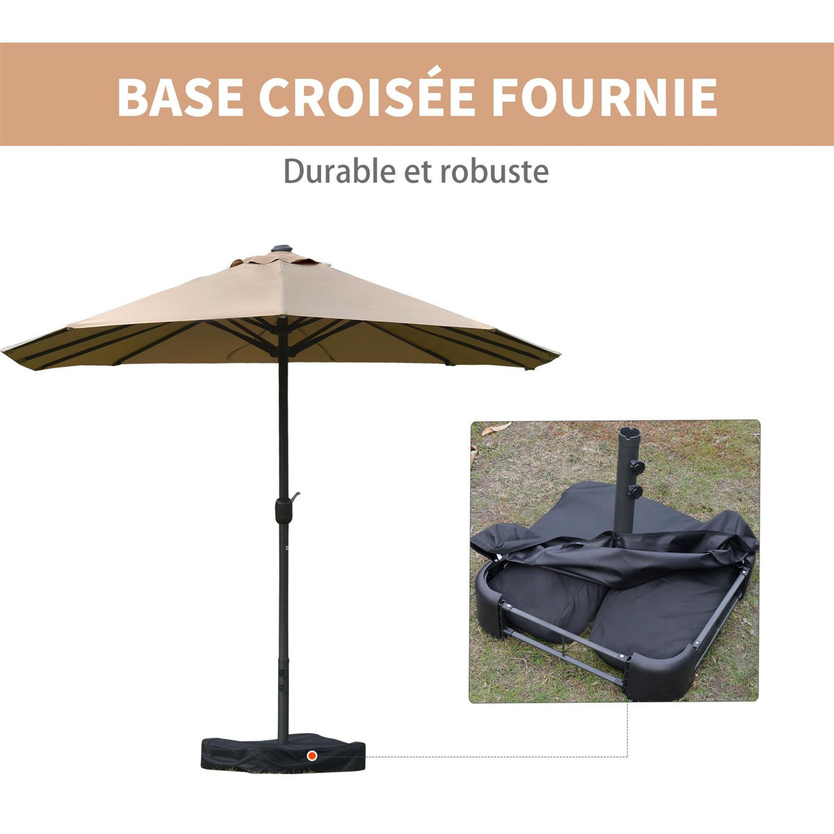 OUTSUNNY Parasol de jardin XXL dim. 4,6L x 2,7l x 2,4H m ouverture fermeture manivelle pied & contrepoids inclus acier polyester haute densité kaki