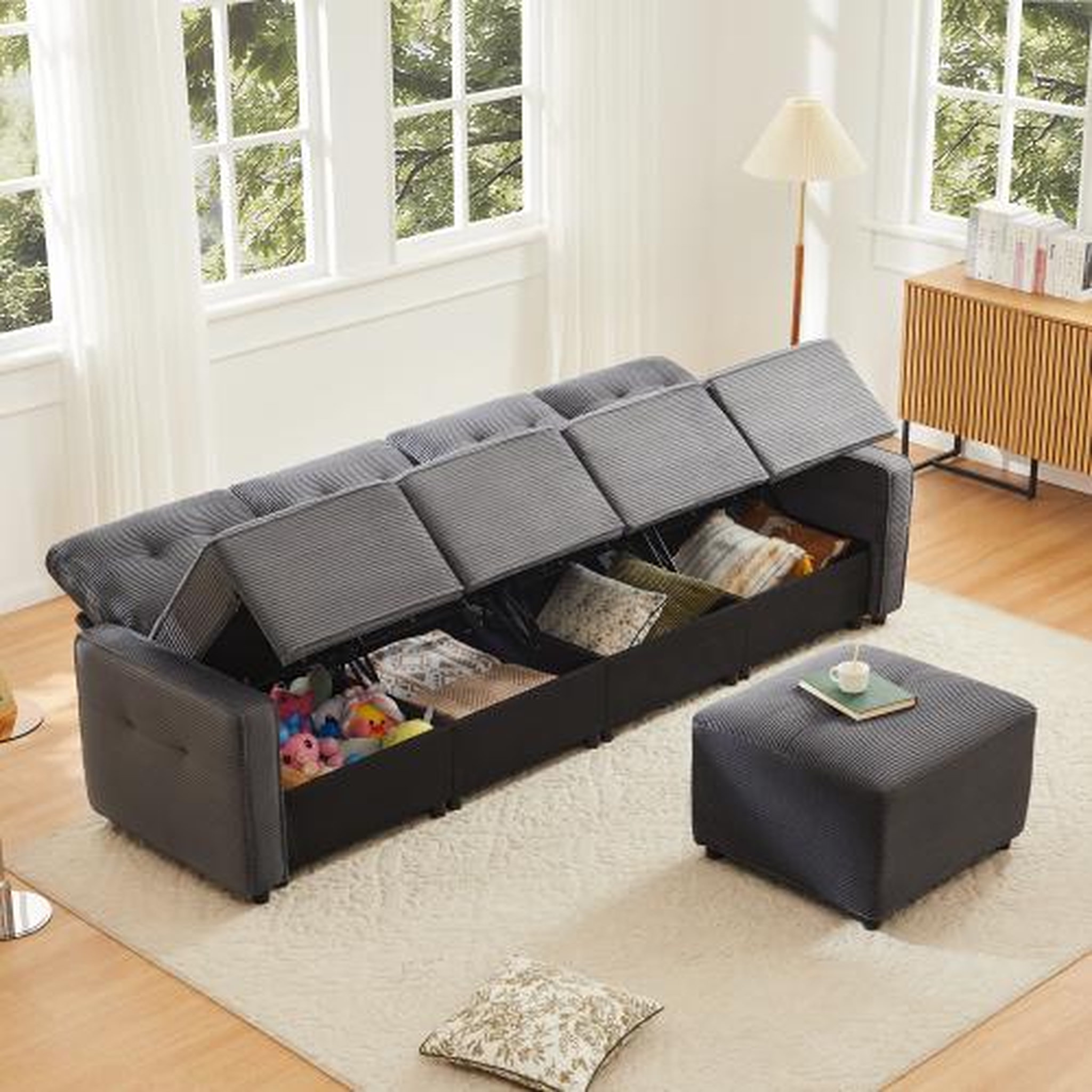 Voir la diapositive 5 : MERAX Canapé d'angle réversible fixe 4 places tissu coffre de rangement