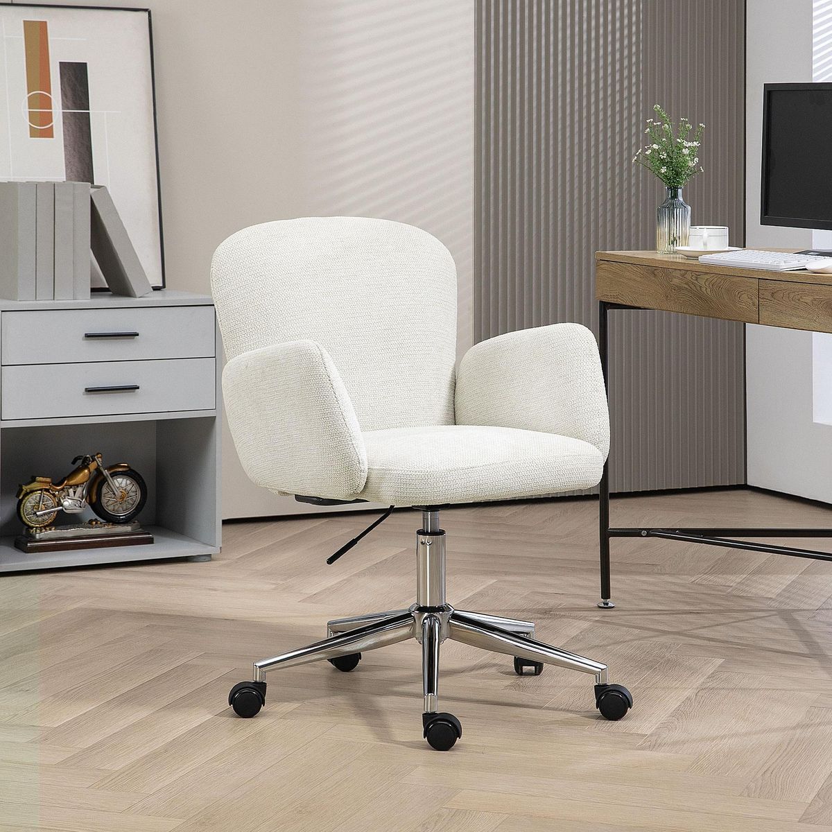 HOMCOM Chaise de bureau design ergonomique réglable pivotante piètement chromé aspect lin écru