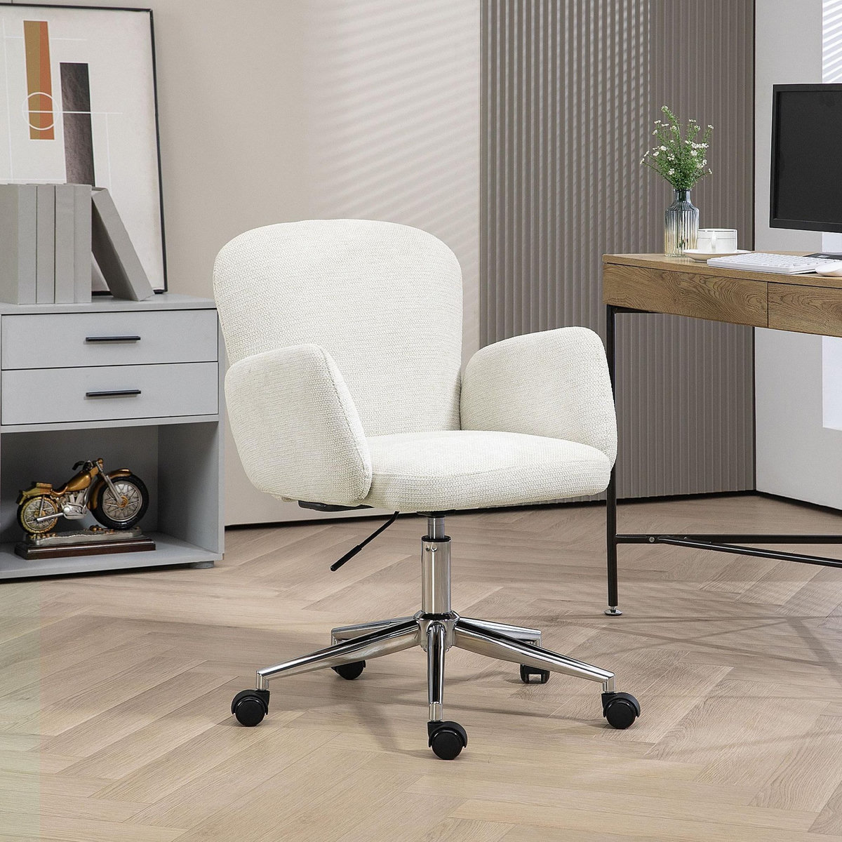 HOMCOM Chaise de bureau design ergonomique réglable pivotante piètement chromé aspect lin écru