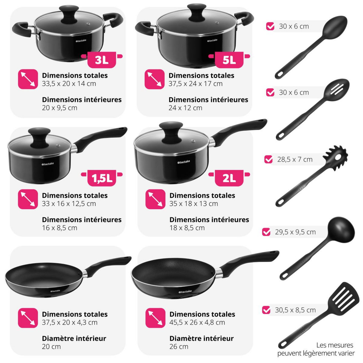 tectake Set de batterie de cuisine 15 pièces noir