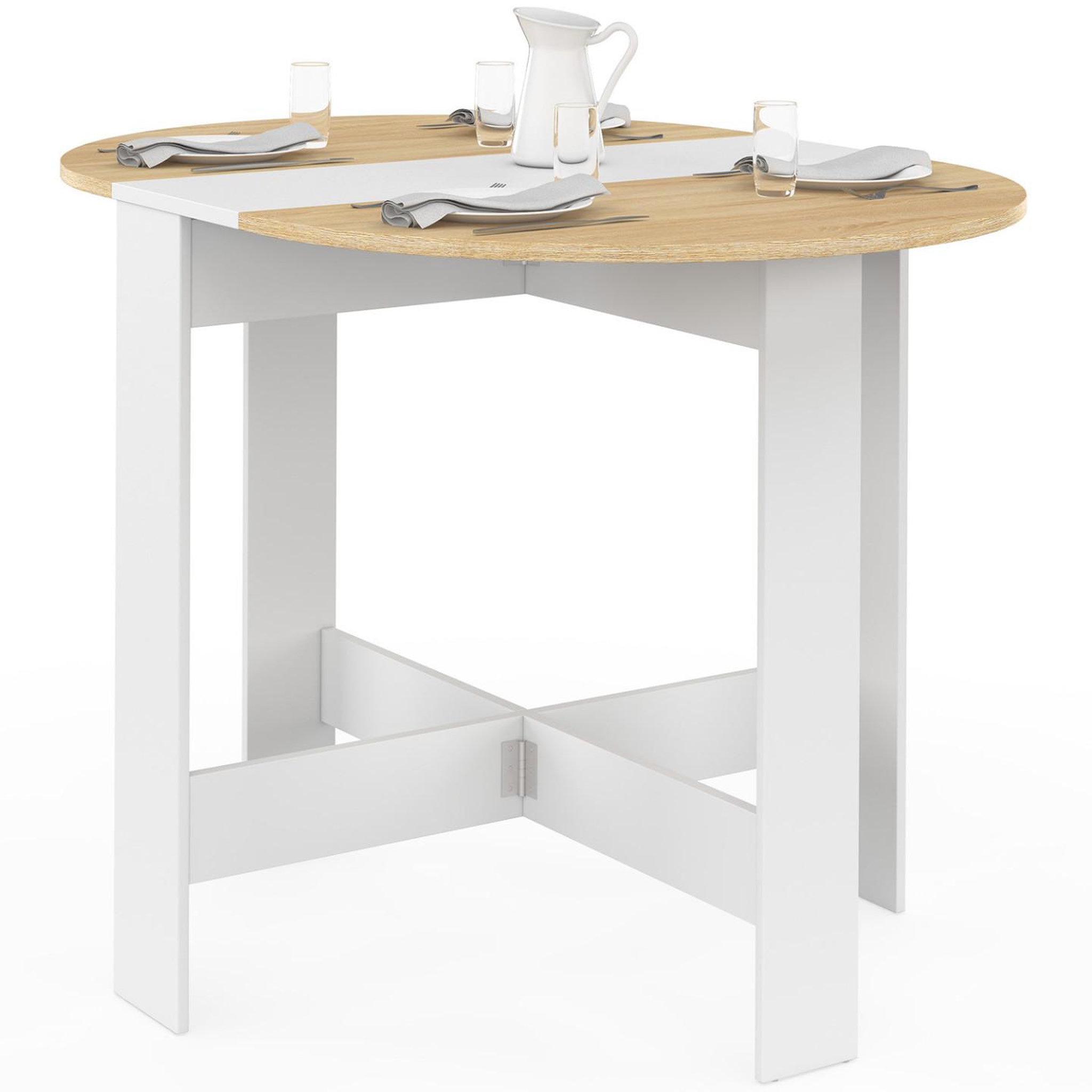 ID MARKET Table console pliable ronde edi 2-4 personnes bois blanc plateau façon hêtre 103 x 76 cm