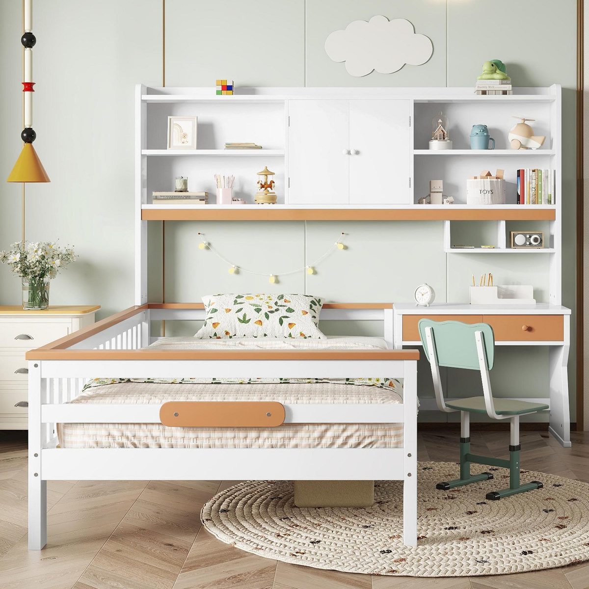 MERAX Lit avec rangement 90x200cm bois et mdf coloris blanc+naturel