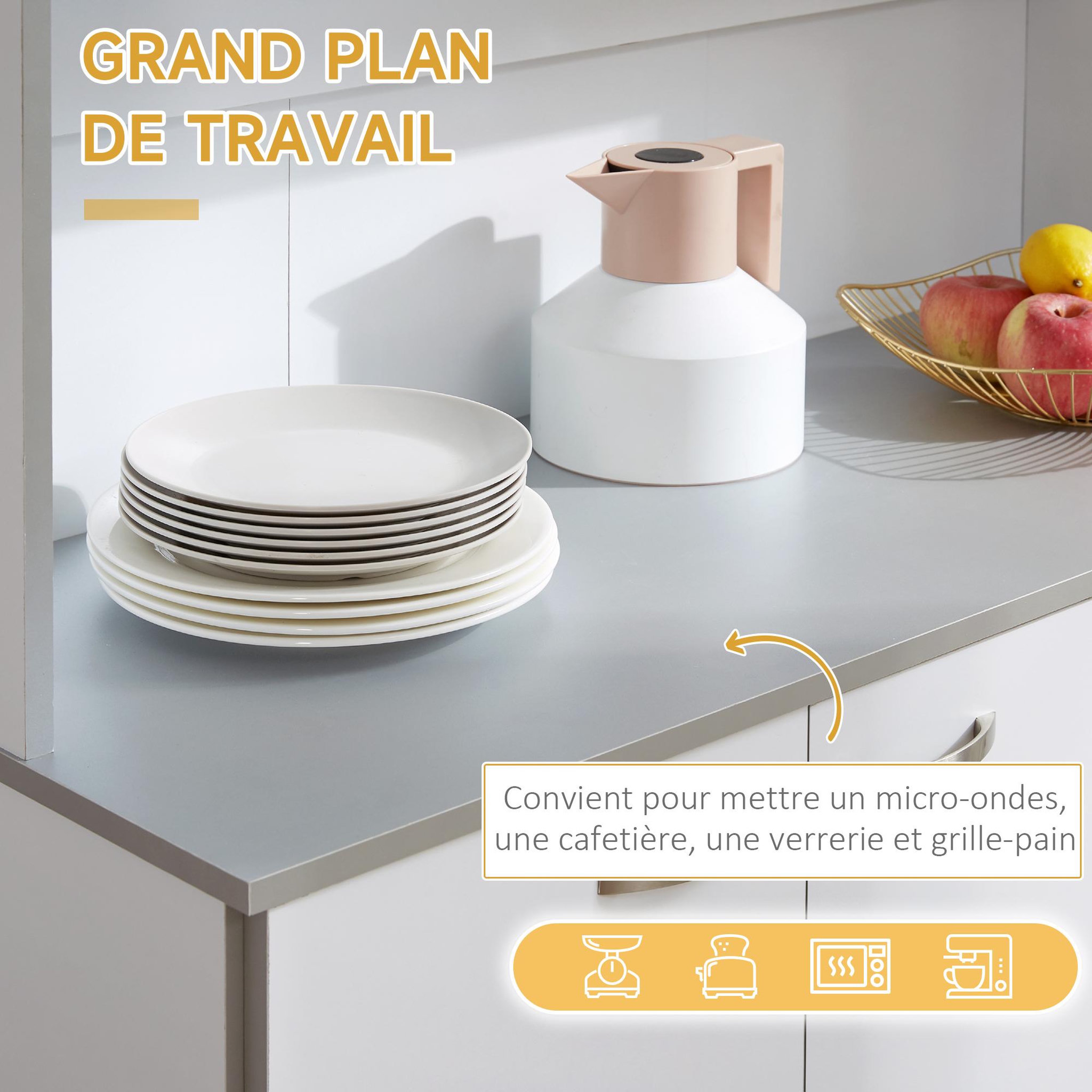 Voir la diapositive 5 : HOMCOM Buffet haut multi-rangement - 6 portes, tiroir, grand plateau - dim. 101L x 39l x 180H cm - panneaux particules blanc gris