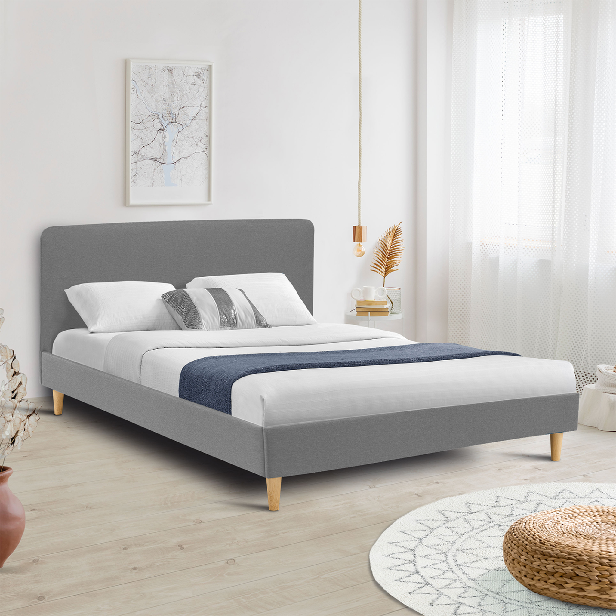 Voir la diapositive 2 : ID MARKET Lit double scandinave balta avec tête de lit et sommier 160 x 200 cm tissu gris clair