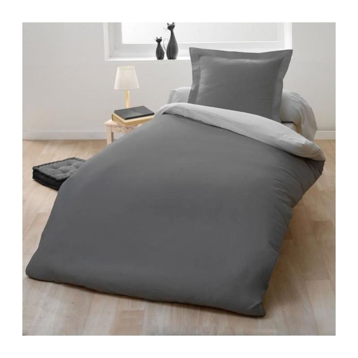 LOVELY HOME Parure housse de couette 1 personne - 140x200 cm - 100% Coton - Bicolore Gris clair et foncé