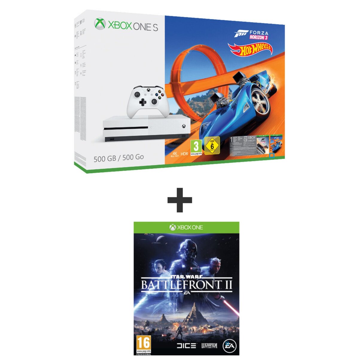 Console Xbox One S 500Go + Forza Horizon 3 + Hot Wheels DLC + Star Wars Battlefront II