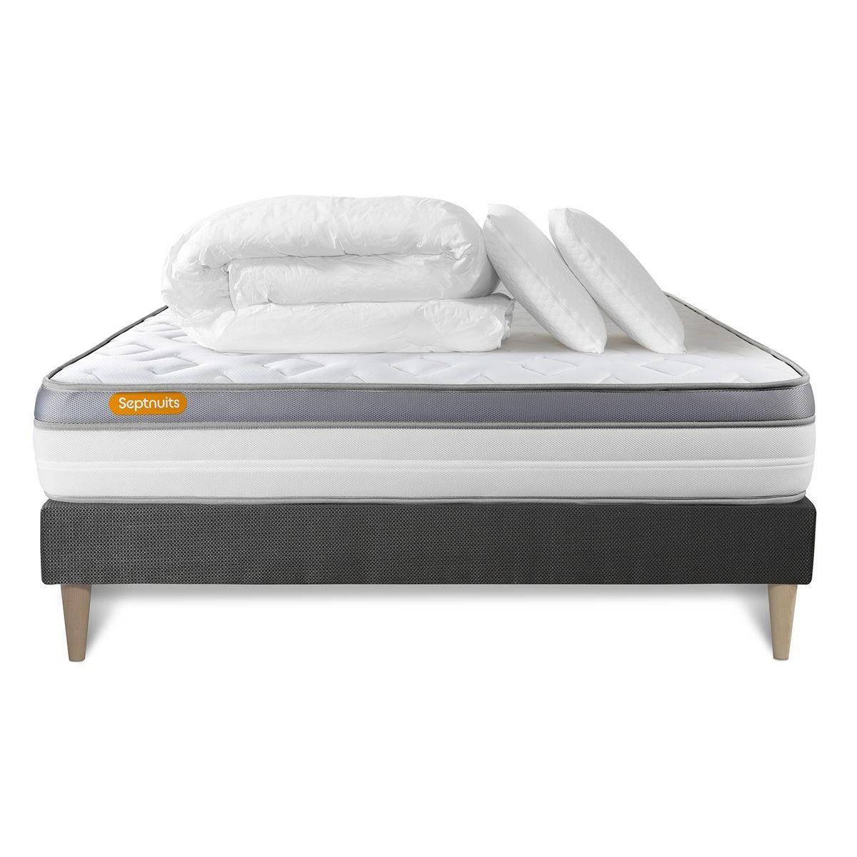 SEPTNUITS Pack matelas + sommier kit gris Memo Zen Mousse à mémoire de forme MAXI épaisseur + Couette + 2 oreillers