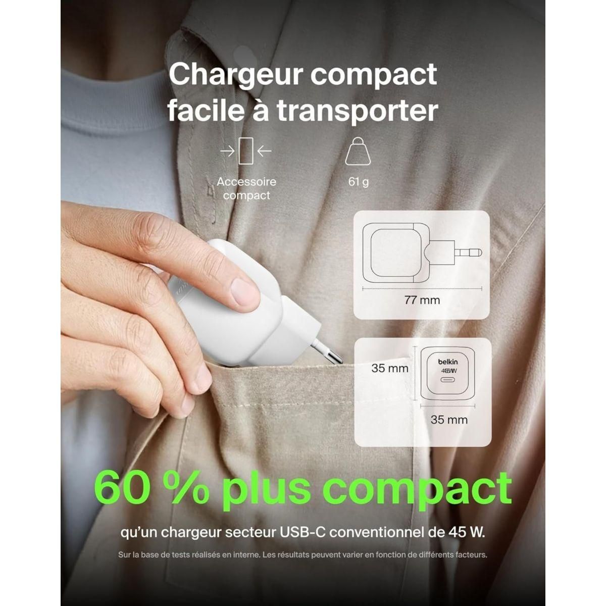 Belkin Chargeur 45W USB Power delivery & 1M C-C blanc