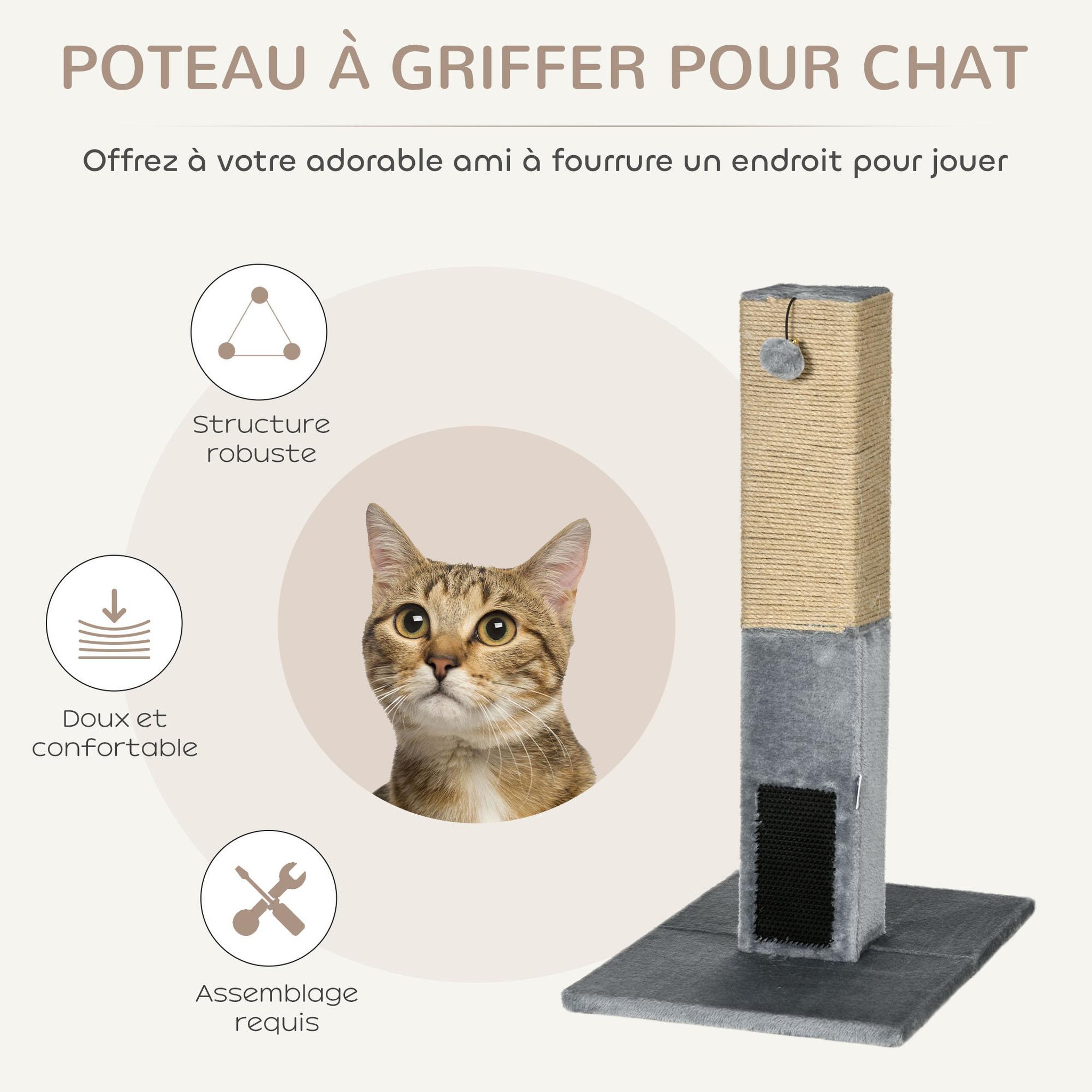 Voir la diapositive 5 : PAWHUT Griffoir chat h.79 cm - jeu boule suspendue et boule clochette, 2 bandes massantes - gris