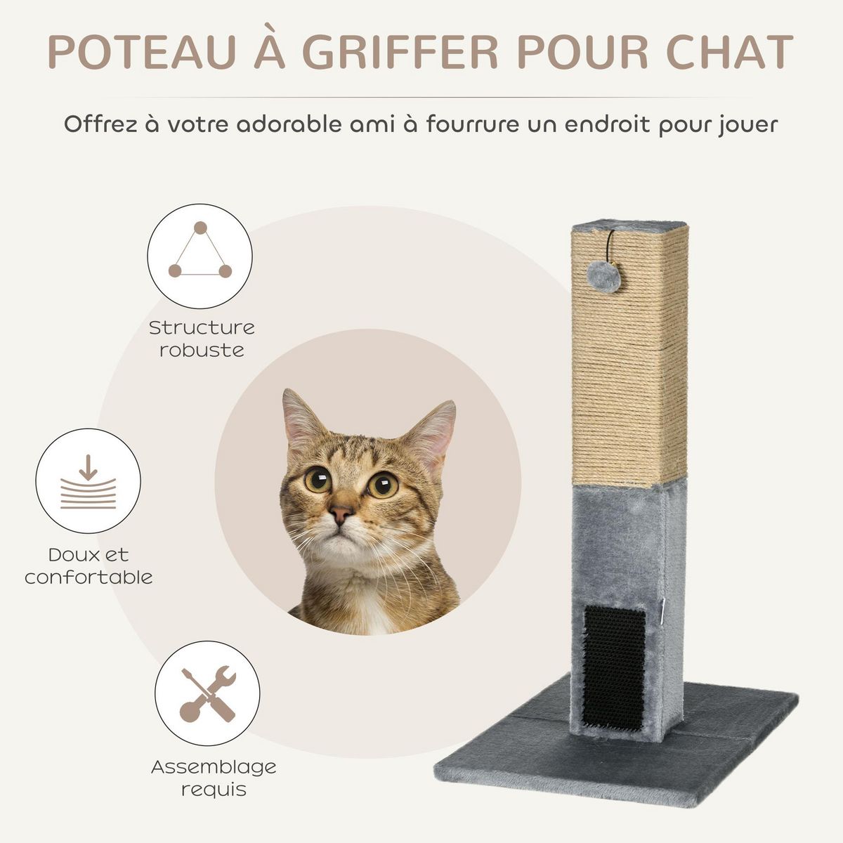 PAWHUT Griffoir chat H.79 cm - jeu boule suspendue et boule clochette, 2 bandes massantes - gris