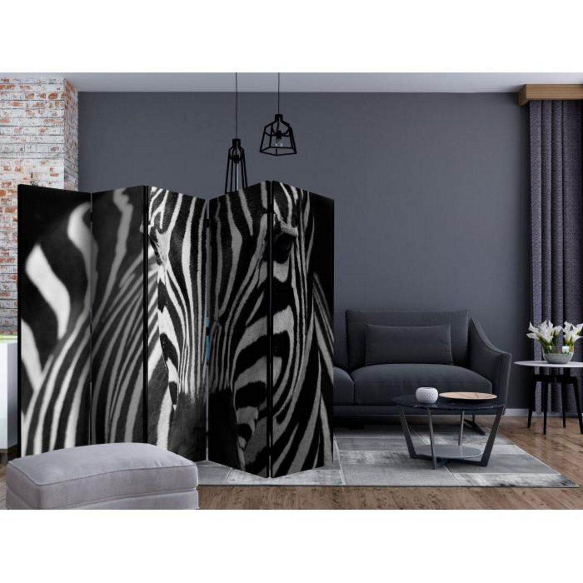 Paris Prix Paravent 5 Volets  White with Black Stripes  172x225cm