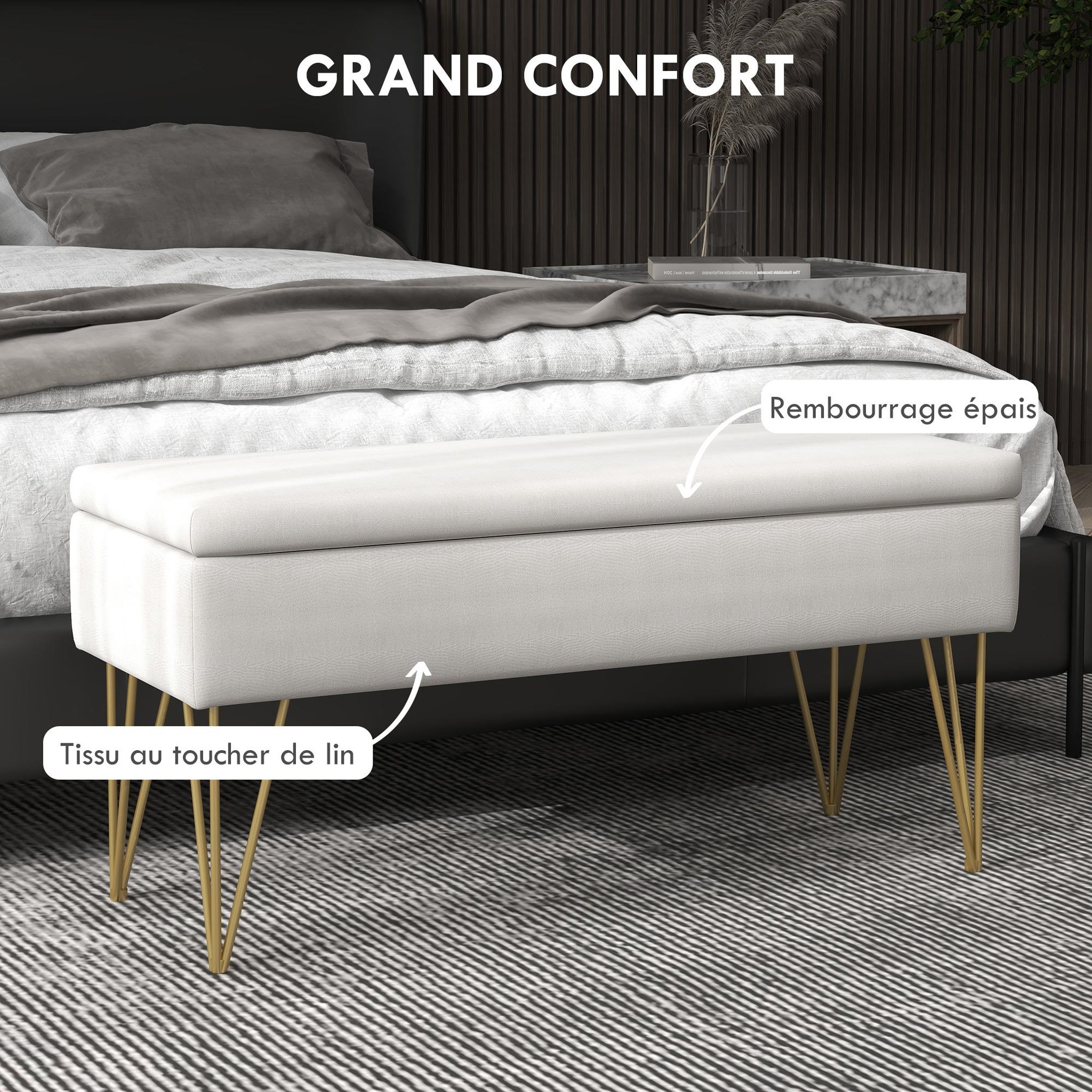 Voir la diapositive 4 : HOMCOM Banquette coffre de rangement 2 en 1 design art déco - piètement épingle acier doré tissu crème