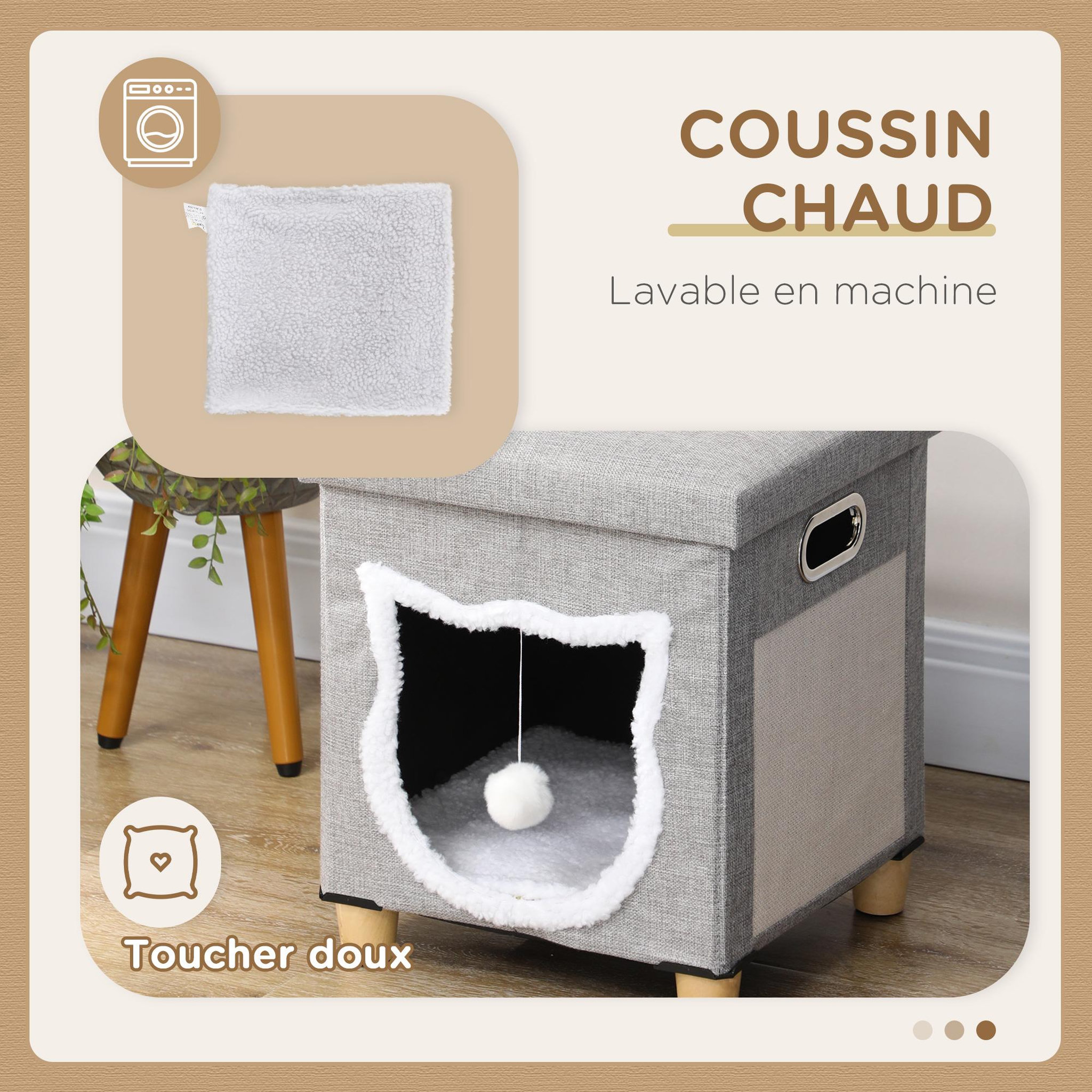 Voir la diapositive 6 : PAWHUT Niche chat grattoir pouf 3 en 1 design porte tête de chat - coussin bouclette amovible inclus - tissu gris