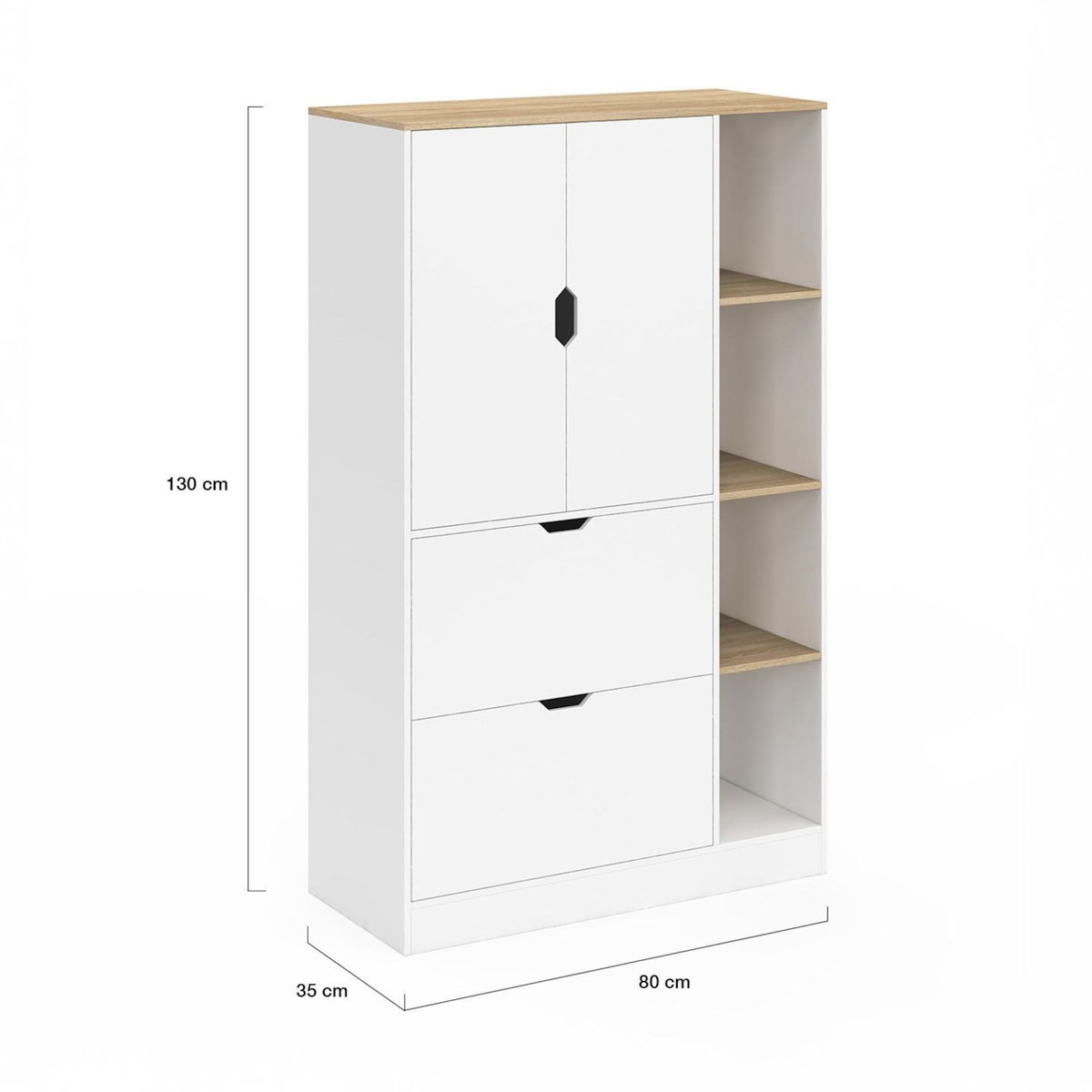 ID MARKET Meuble de rangement L. 80 cm NOUK pour bureau, chambre, entrée avec 3 portes et 2 tiroirs blanc et bois