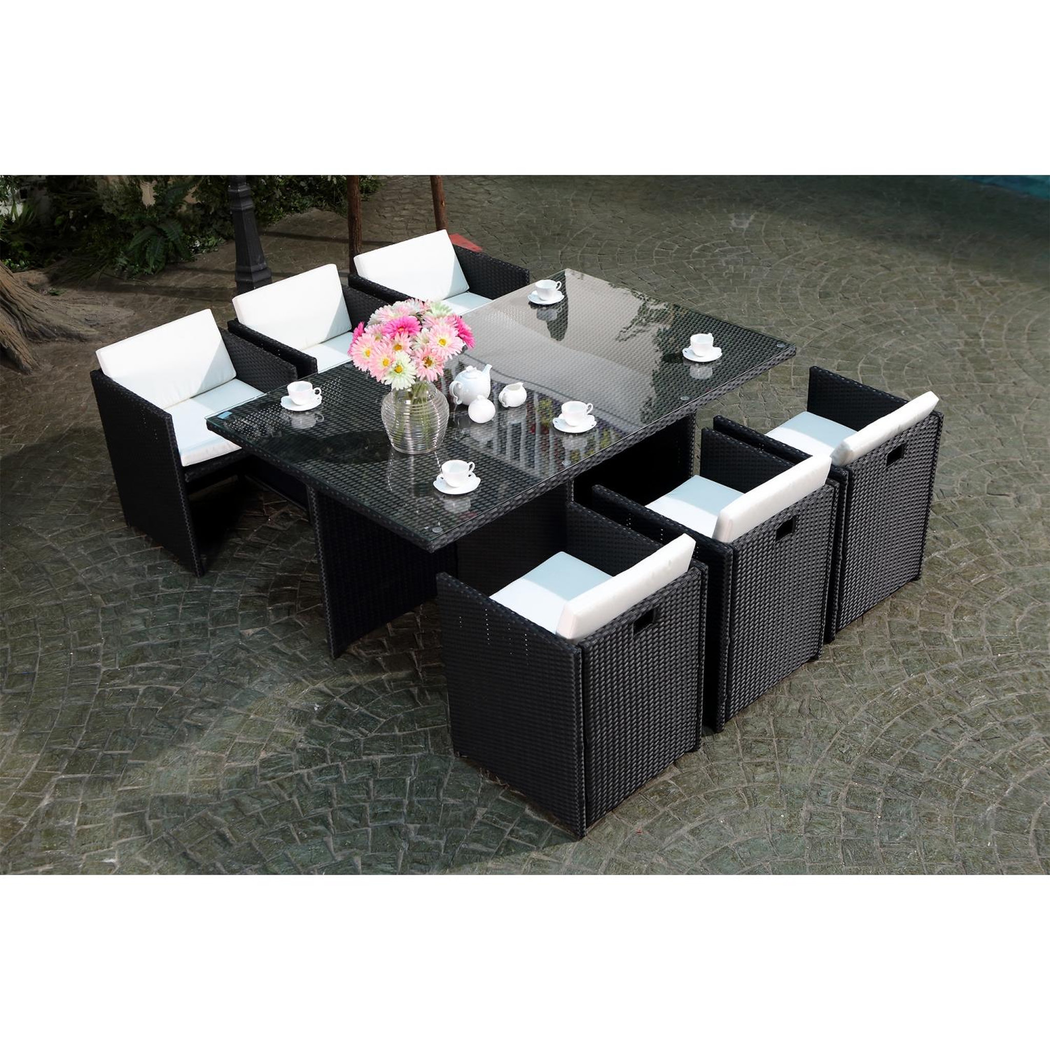 Voir la diapositive 3 : CONCEPT USINE Salon de jardin 6 places noir-blanc + housse de protection miami