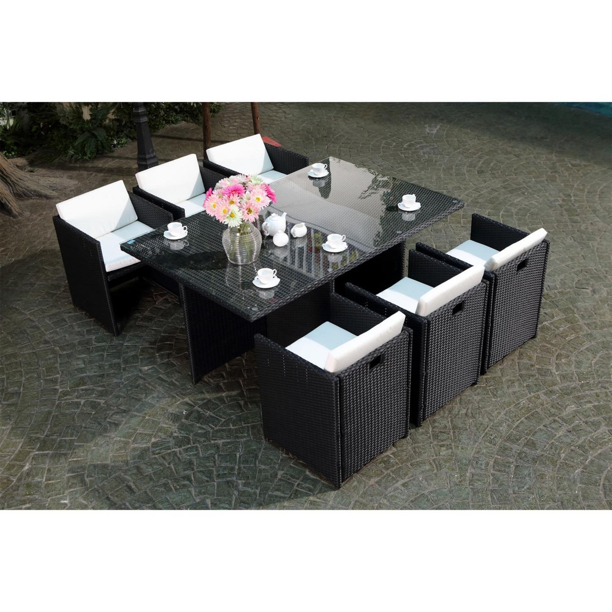 CONCEPT USINE MIAMI - Salon de jardin 6 places noir-blanc + housse de protection MIAMI