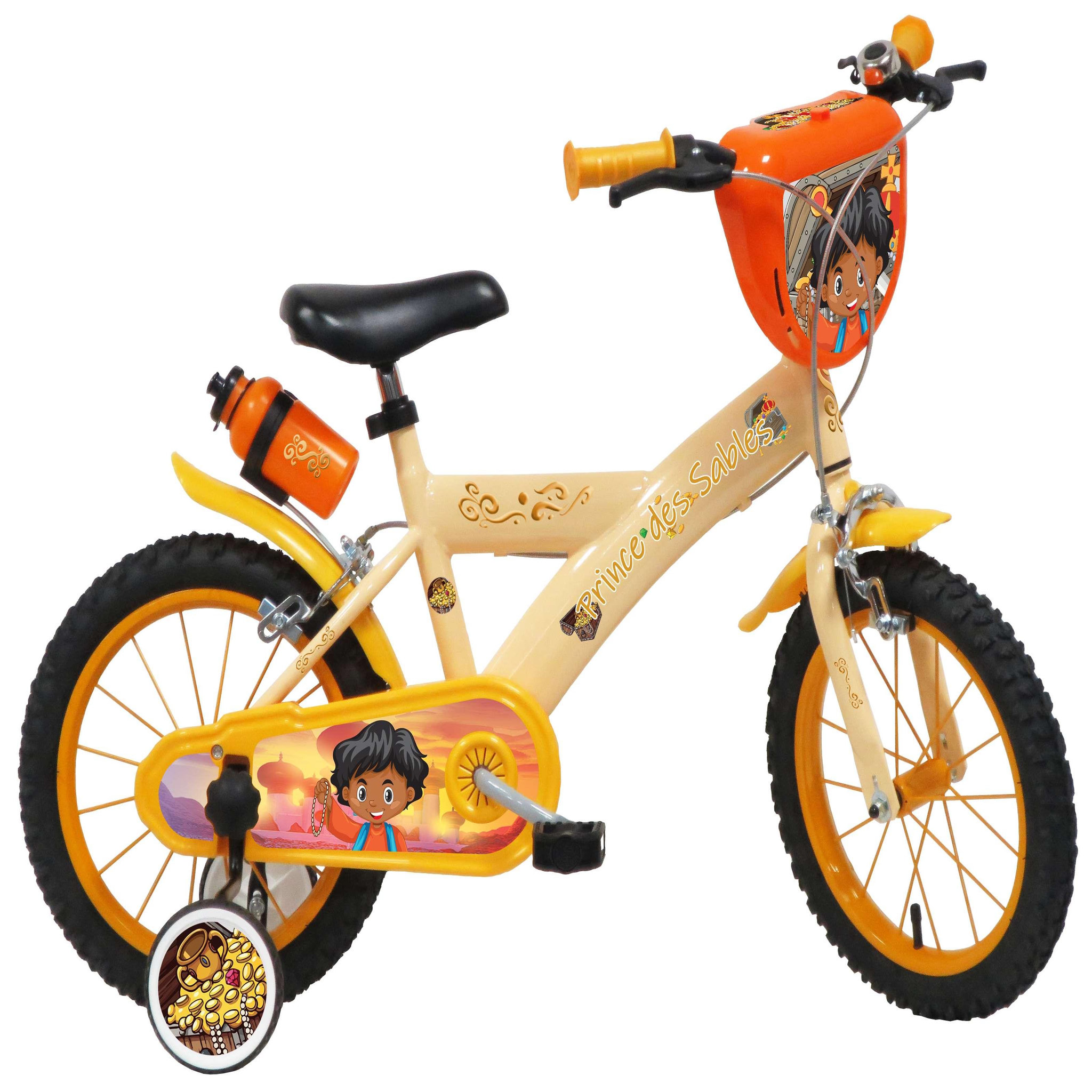Voir la diapositive 1 : Vélo enfant - Modèle 16'' Prince des sables pour enfant de 105/120 cm avec stabilisateurs - Plaque décorative avant - Porte bidon - 2 freins