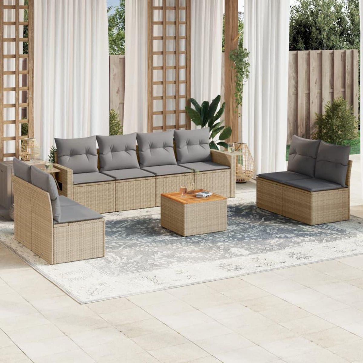 VIDAXL Salon de jardin avec coussins 9pcs melange beige resine tressee