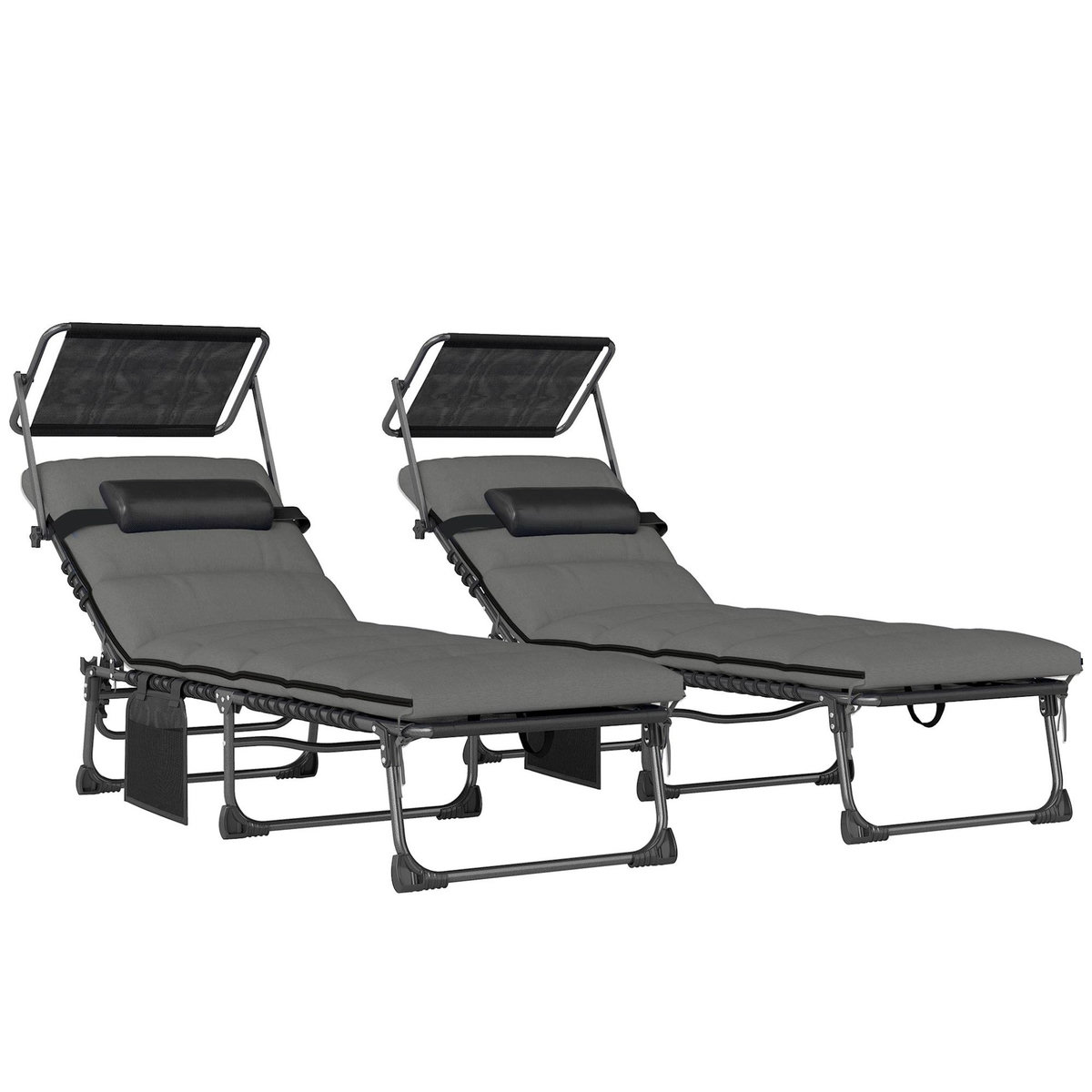 OUTSUNNY Lot de 2 bains de soleil pliables réglables pare-soleil matelas pochette rangement gris