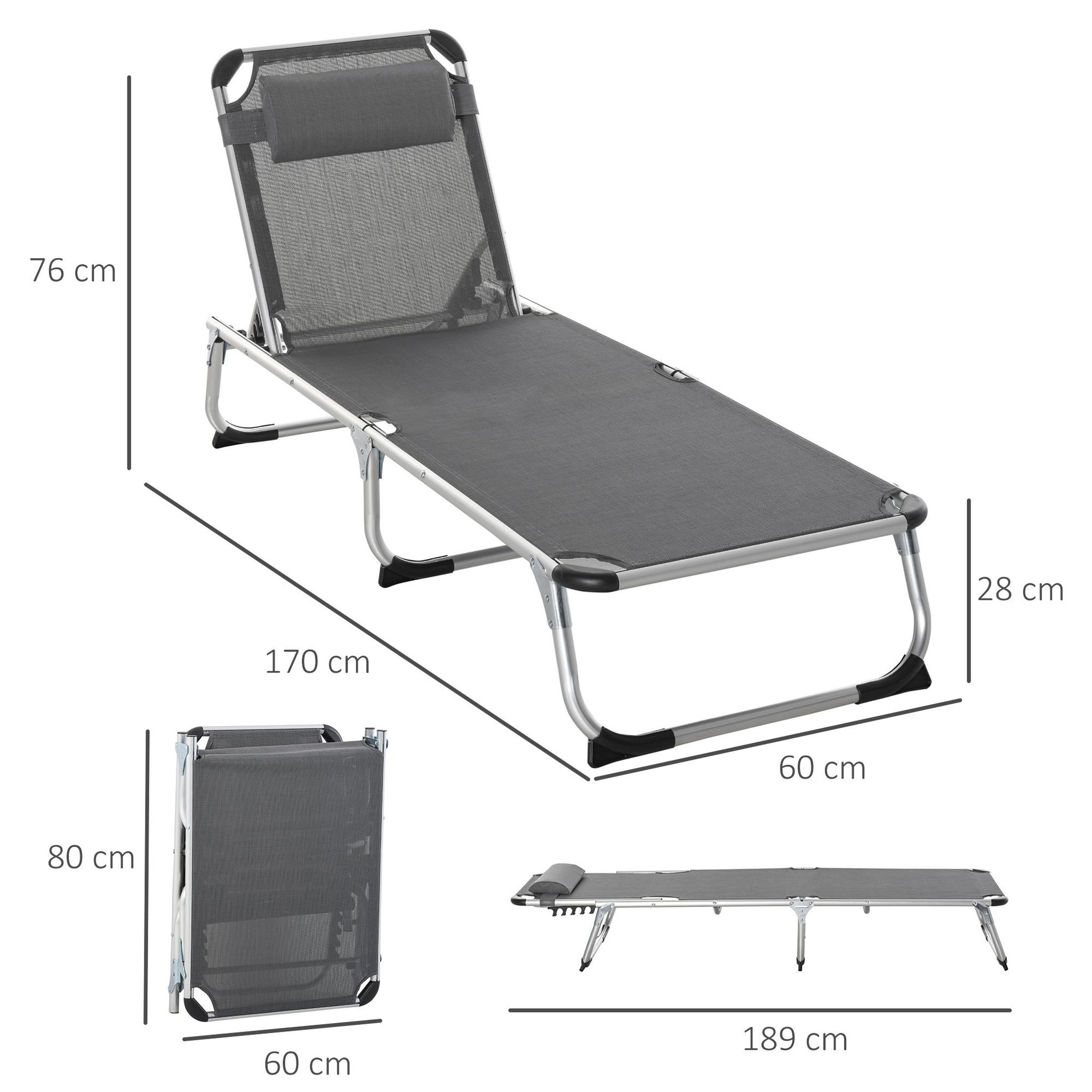 Voir la diapositive 3 : OUTSUNNY Bain de soleil transat pliable grand confort dossier réglable multi-position tétière alu. textilène gris