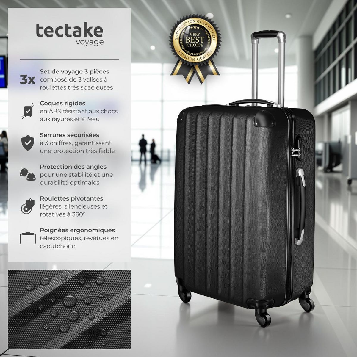 tectake Set de valises trolley rigides 3 parties, en plastique ABS robuste noir