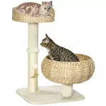 PAWHUT Arbre à chat griffoir 2 niveaux hauteur 72 cm poteau sisal avec niche et plate-forme 1 balle suspendue beige