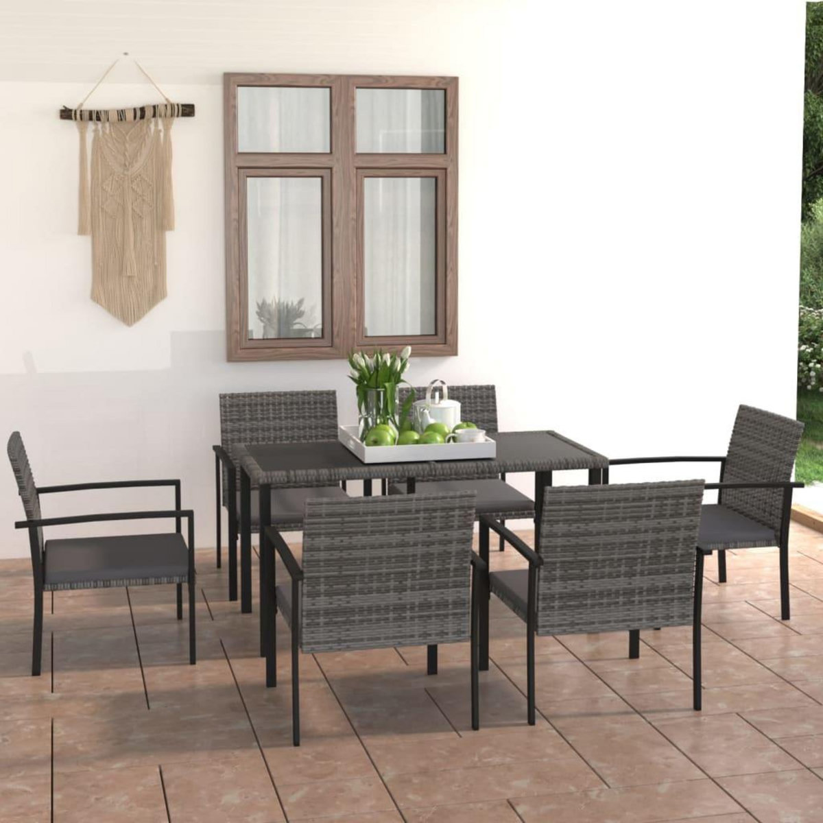 VIDAXL Ensemble a manger de jardin 7 pcs Resine tressee Gris