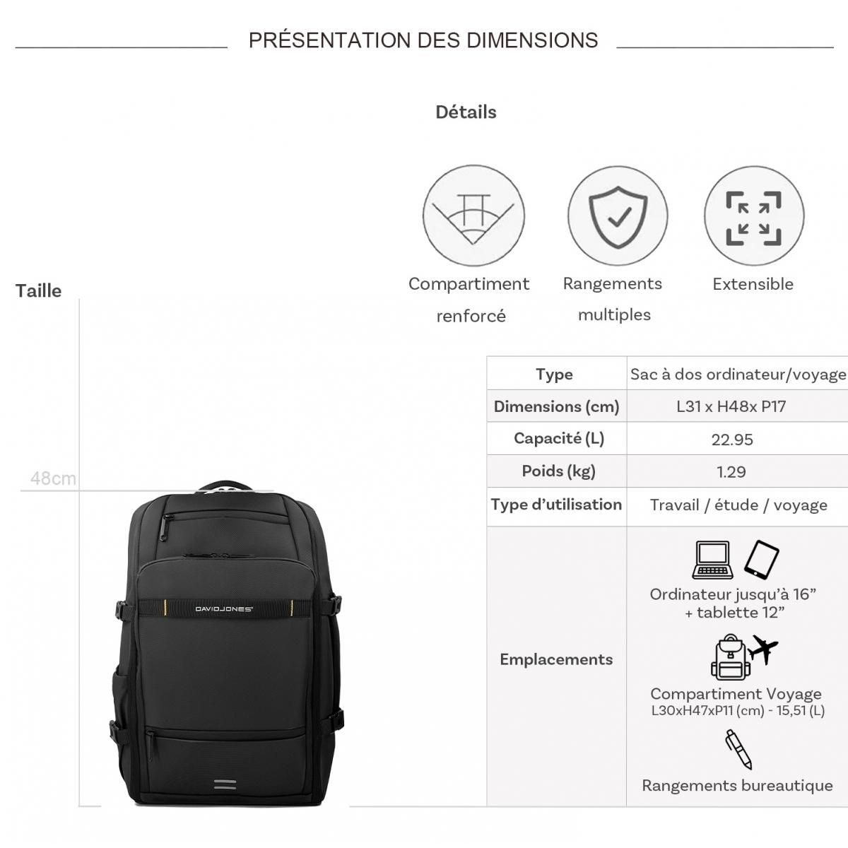 David Jones Sac à dos porte-ordinateur et voyage 16''