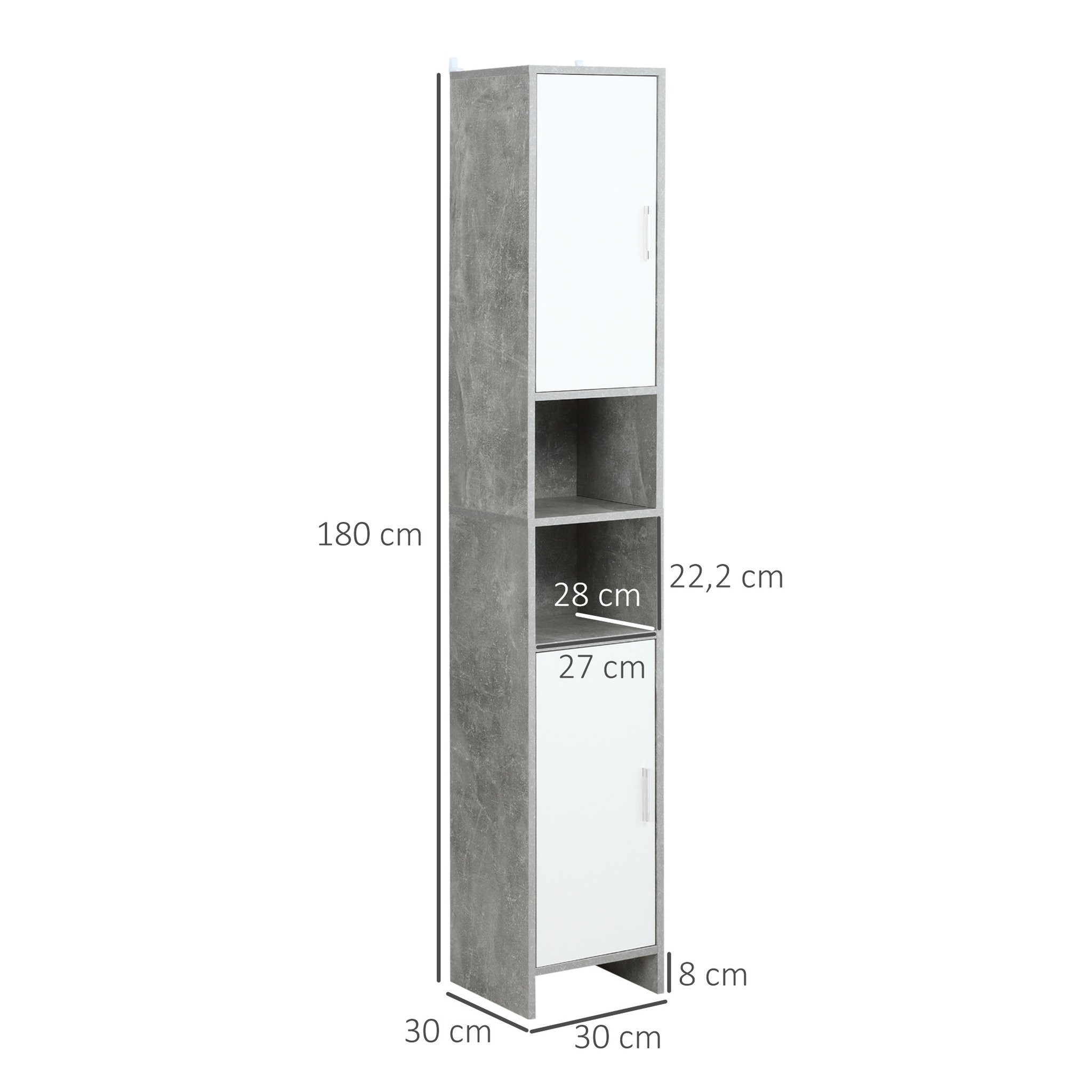 Voir la diapositive 3 : KLEANKIN Meuble colonne rangement salle de bain dim. 30L x 30l x 180H cm 2 placards avec étagère + 2 niches panneaux particules aspect ciment blanc