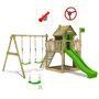 FATMOOSE Aire de jeux Portique bois DonkeyDome avec balançoire et toboggan vert pomme Maison enfant extérieure avec bac à sable, échelle d'escalade & accessoires de jeux