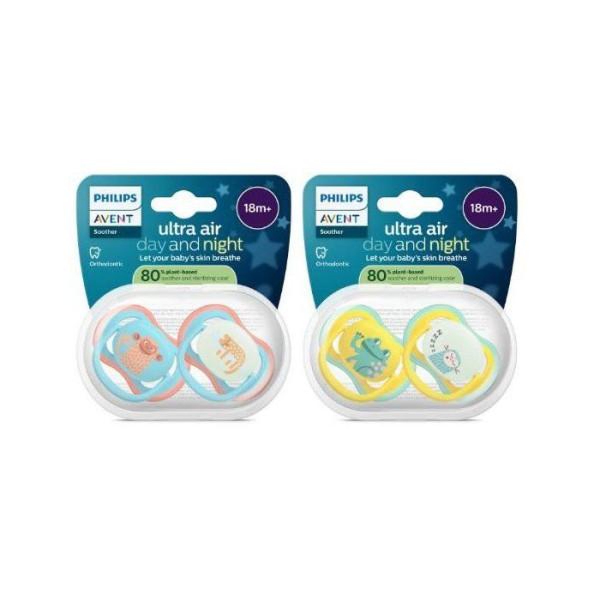 Philips Avent Lot de 4 sucettes Pacifier ultra air - PHILIPS AVENT - SCF087/27 - Jour et nuit - Sans BPA - 18 mois et + - Vert / Orange