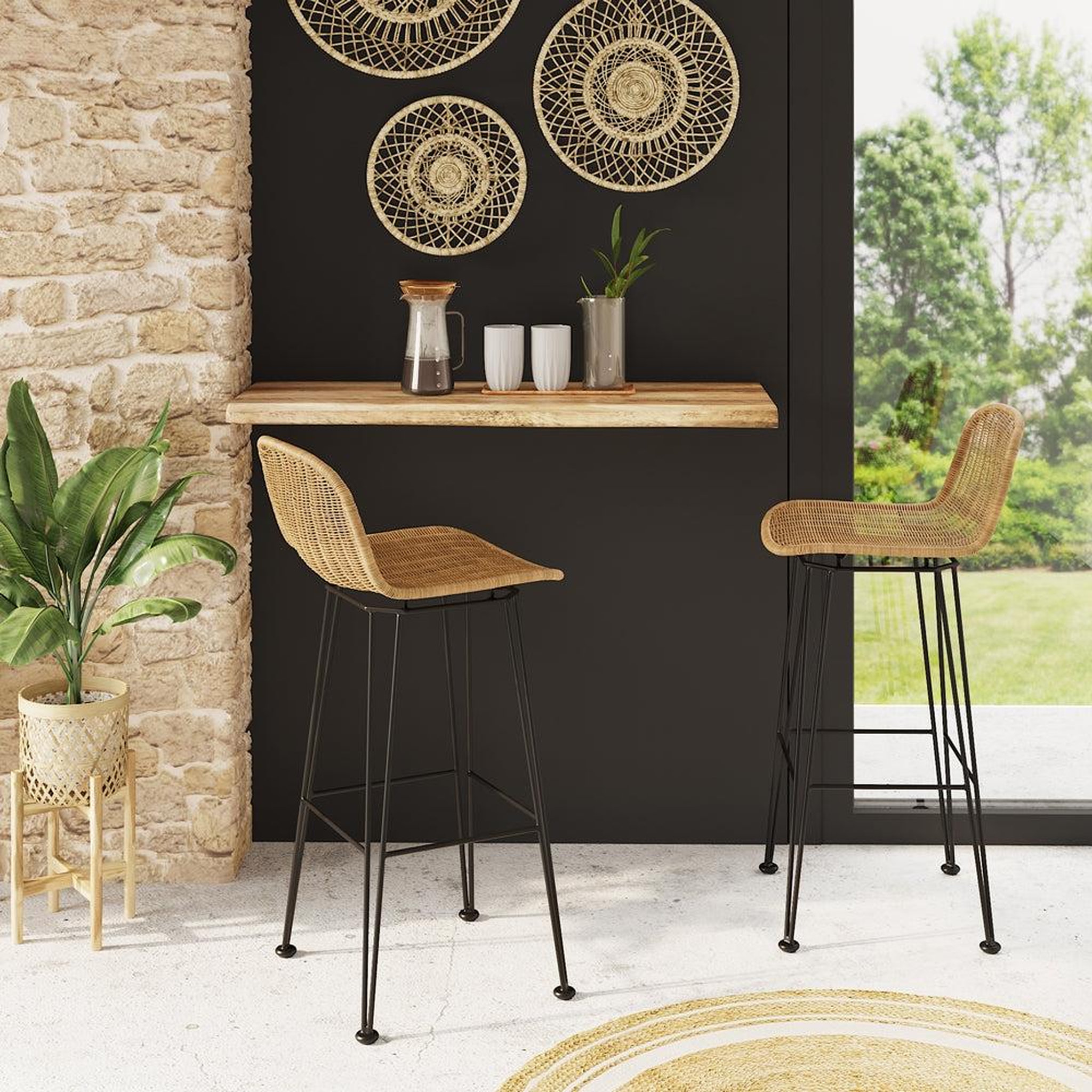 Voir la diapositive 2 : MAISON PAVANE Lot de 2 chaises de bar 76 cm en résine tressée marron-jigani