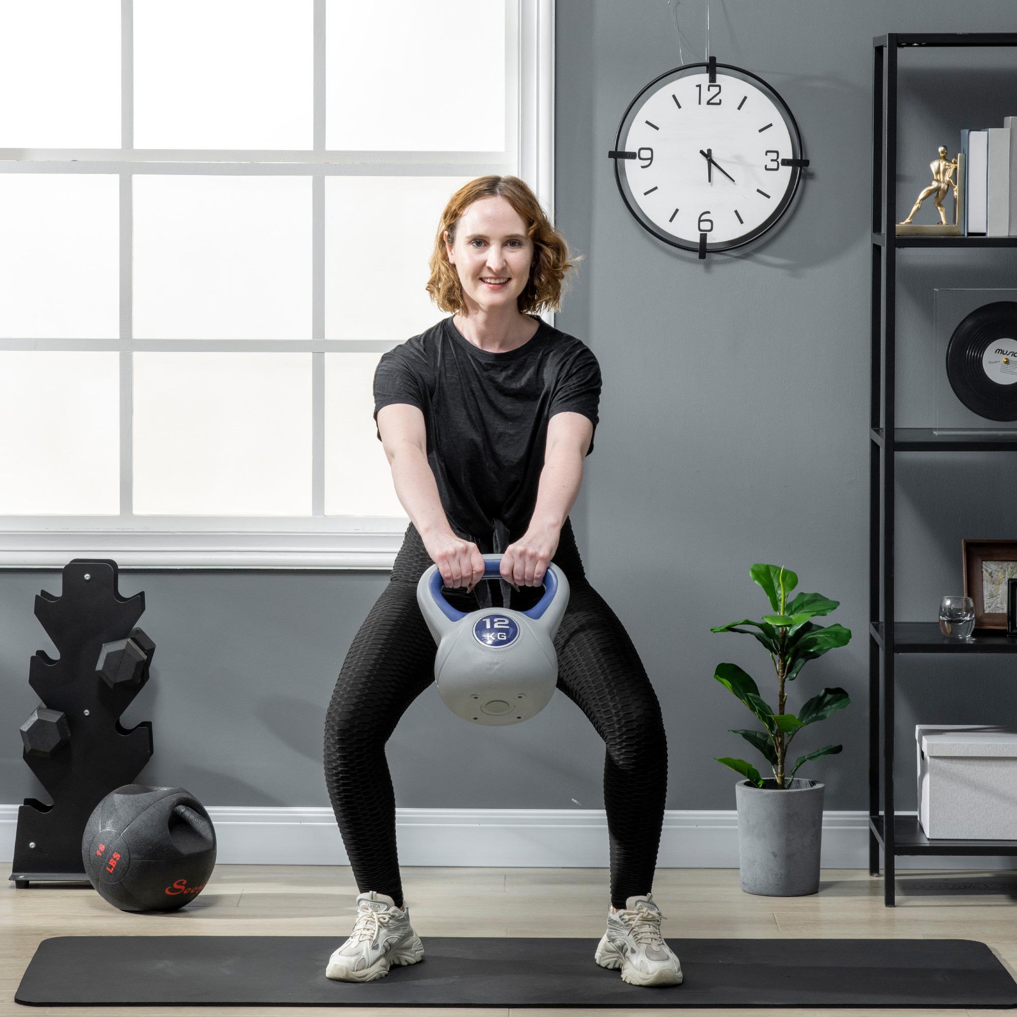 Voir la diapositive 2 : HOMCOM Kettlebell 12 kg - haltère boule - poignée ergonomique - pu gris bleu